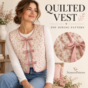 Quilted Vest Sewing Pattern PDF, Bow Tie Front Waistcoat, Reversible Patchwork Vest, XS–4XL, A4 A0 US Letter