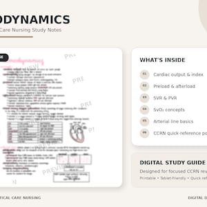 Może przedstawiać: Cyfrowy przewodnik do nauki zatytułowany HEMODYNAMICS CCRN Critical Care Nursing Study Notes. Zawiera przykładową stronę z tekstem medycznym i diagramami oraz listę treści obejmującą rzut serca, obciążenie wstępne, następcze, SVR, PVR i SvO2.