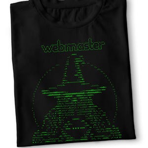 May include: Black t-shirt with a green graphic of a computer screen with the word "webmaster" at the top.