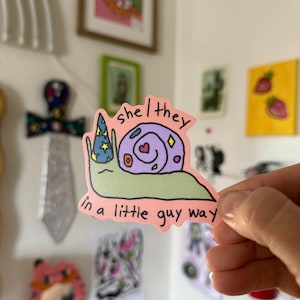 Little Guy she/they Snail Sticker 3 inches gender queer