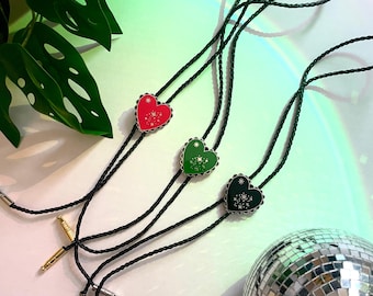 Heart Shapes Bolo Tie is Red, Black or Green. On vegan rope.