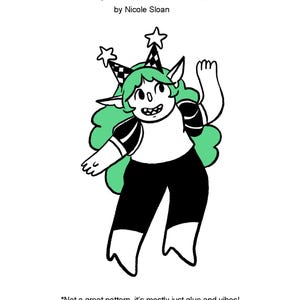 May include: A black and white illustration of a cartoon character with green hair and a double pointy hat. The text reads "The No Sew Guide to Making A Double Pointy Hat by Nicole Sloan". Additional text at the bottom of the image.