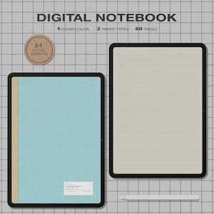 May include: A digital notebook set featuring a light blue cover with a tan spine and a white label reading CUSTOM KRAFT, alongside a lined page template. The text reads DIGITAL NOTEBOOK, 1 COVER COLOR, 2 PAPER TYPES, 60 PAGES, A4 DIGITAL DOWNLOAD.