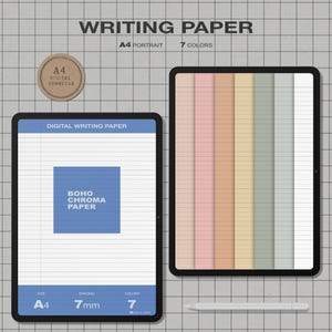Pode incluir: Dois tablets exibindo papel de escrita digital em um fundo quadriculado. O tablet esquerdo mostra um cabeçalho azul com o texto "DIGITAL WRITING PAPER" e um quadrado azul central com "BOHO CHROMA PAPER". O direito exibe sete faixas coloridas.