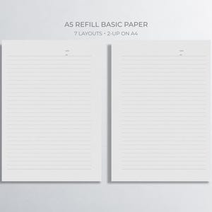 Papel básico de recambio A5, rayado de 6 mm, cuadrícula de puntos de 5 mm, PDF imprimible en A4, diseño de 2 hojas por hoja, recambios para cuaderno recortables.