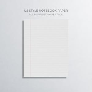May include: A sheet of white US style notebook paper with horizontal blue lines and a vertical red margin line on the left side. The text US STYLE NOTEBOOK PAPER RULING VARIETY PAPER PACK is printed in gray above the paper sheet.