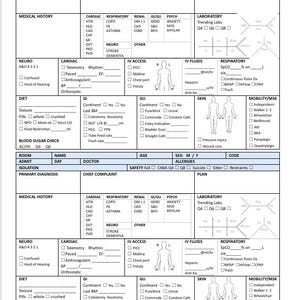 May include: A medical patient assessment form printed on white paper with black text and lines. The document features two identical sections containing fields for patient information, medical history, cardiac, respiratory, and neurological status.