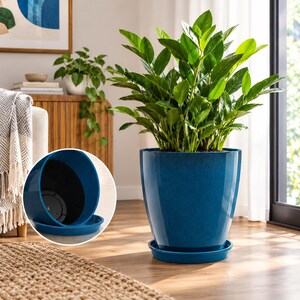 May include: A glossy, deep blue, tapered cylindrical plant pot with a matching circular saucer. The pot features a smooth, reflective finish and a black interior lining. An inset shows the empty pot and saucer from an angled perspective.