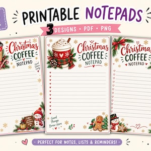Op de afbeelding: Drie printbare notitieblokken van 10x15 cm met kerstkoffiethema's. Elk notitieblok heeft gelinieerd papier met feestelijke illustraties, waaronder koffiekopjes, peperkoekmannetjes, sneeuwpoppen, dennentakken en tekst zoals Christmas Coffee Notepad.