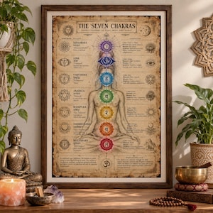 Może przedstawiać: Oprawiony plakat zatytułowany The Seven Chakras przedstawiający centralną ilustrację osoby w pozycji medytacyjnej. Siedem kolorowych symboli czakr jest ustawionych pionowo wzdłuż kręgosłupa, każdy z opisem w sanskrycie.