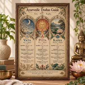 May include: A framed poster titled Ayurvedic Doshas Guide featuring three circular illustrations representing Vata, Pitta, and Kapha. The text details qualities, functions, and balance states for each dosha with decorative botanical borders and earthy tones.