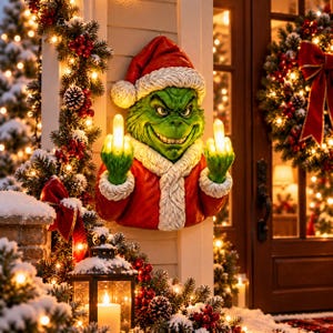 Peut inclure: Une figurine de personnage vert texturé portant un bonnet et un manteau de Père Noël rouges avec une bordure en fourrure blanche. Le personnage a une expression faciale malicieuse et lève ses deux majeurs, illuminés par une lumière blanche chaude.