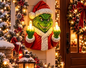 Funny Christmas Wall Decor, Rude Green Holiday Character, Lighted Middle Finger Sign, Adult Humor Xmas Door Decor, Gag Gift
