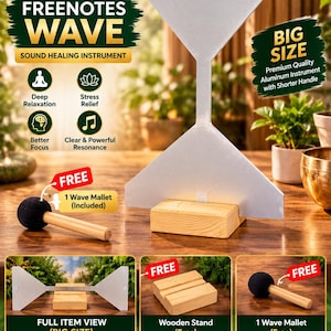 May include: A silver-colored aluminum Freenotes Wave sound healing instrument with a triangular shape, mounted on a rectangular wooden stand. Includes a wooden mallet with a black felt head. Text includes VK MEDITATION, FREENOTES WAVE, SOUND HEALING INSTRUMENT, BIG SIZE, and FREE 1 Wave Mallet.