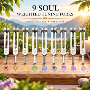 May include: A set of nine silver-toned weighted tuning forks arranged in a row, each engraved with specific frequencies from 174 Hz to 963 Hz. Below each fork is a coloured chakra symbol and label, including Grounding, Creativity, Confidence, Love, Communication, Intuition, Spirituality, Higher Self, and Enlightenment. The text 9 SOUL WEIGHTED TUNING FORKS HEAL BALANCE HARMONISE is displayed above.