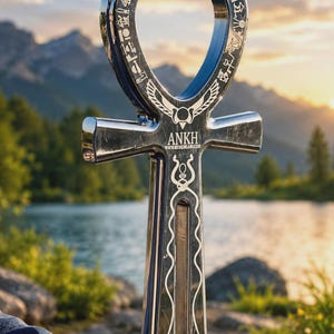 Puede incluir: Un símbolo ankh de metal plateado pulido con intrincados jeroglíficos grabados a lo largo del bucle superior circular. La barra transversal central muestra la palabra ANKH en letras mayúsculas, con un emblema alado estilizado y líneas onduladas decorativas grabadas a lo largo del eje vertical.