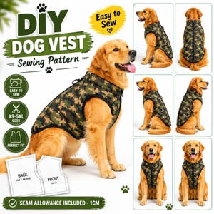 Puede incluir: Un patrón de costura para chaleco de perro DIY con un chaleco de estampado de camuflaje usado por un golden retriever. La imagen incluye etiquetas de texto como DIY DOG VEST, Easy to Sew y XS-5XL SIZES, junto a piezas de patrón BACK y FRONT.