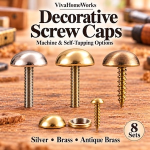 以下が含まれることがあります： VivaHomeWorks Decorative Screw Caps。機械ネジおよびタッピングネジのオプションがあります。シルバー、真鍮、アンティーク真鍮仕上げのドーム型ヘッドが含まれています。画像には様々なネジキャップの部品と合計8セットが表示されています。