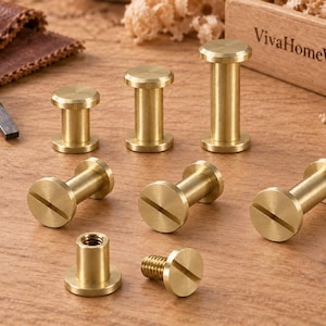 May include: A collection of solid brass Chicago screws in varying lengths, featuring flat slotted heads. The hardware components are arranged on a wooden surface, with some screws assembled and others showing the threaded post and screw head.