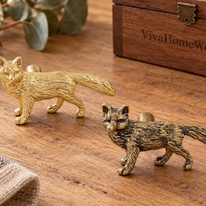 Solid Brass Fox Cabinet Knob, Woodland Animal Drawer Pull (Natural or Antique Brass)