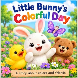 May include: A children's book cover titled Little Bunny's Colourful Day, featuring a white bunny, a yellow chick, a brown teddy bear, and a purple butterfly in a flower field. The text reads: Little Bunny's Colourful Day. A story about colours and friends.
