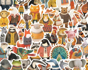 May include: A collection of stickers featuring various illustrated animals wearing colorful sweaters, coats, and scarves. The assortment includes a panda, tiger, bear, elephant, penguin, frog, and many other creatures in a whimsical art style.