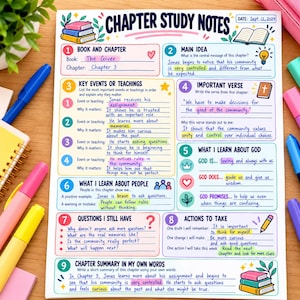 May include: A white study notes sheet titled Chapter Study Notes with a date of Sept 12, 2024. The page is divided into nine numbered sections including Book and Chapter, Main Idea, Key Events, Important Verse, God, People, Questions, and Actions.