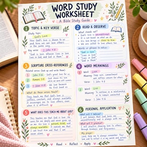 May include: A Word Study Worksheet Bible study guide printed on white paper. The document features six numbered sections with headings, including Topic & Key Verse, Read & Observe, Scripture Cross-References, Word Meanings, and Personal Application.