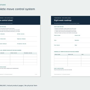 Könnte beinhalten: Ein digitales Umzugssteuerungssystem bestehend aus zwei weißen Seiten mit dunkelblauen Kopfzeilen. Die linke Seite ist mit Move control sheet und die rechte mit Eight-week roadmap betitelt. Beide Seiten enthalten strukturierten Text und Tabellen.