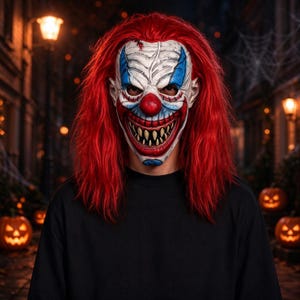 May include: A full-head clown mask featuring a textured white face with blue accents around the eyes, a bright red nose, and a wide, menacing grin with sharp, yellowed teeth. The mask is attached to long, vibrant red synthetic hair.