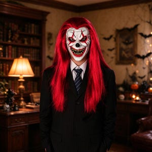 May include: A full-head clown mask featuring a white face with red accents, a black nose, and a wide, toothy grin. The mask is attached to long, straight, vibrant red hair. The figure is wearing a black pinstriped suit jacket and a dark tie.