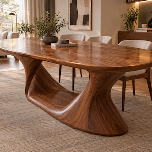 May include: An oval dining table crafted from polished brown wood with a prominent, continuous, sculptural base that curves upwards to support the tabletop. The wood grain is visible across the smooth surface of the table and its base.