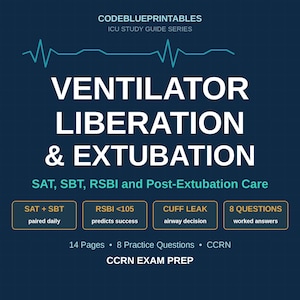 Op de afbeelding: Een donkerblauwe educatieve studiegids getiteld Ventilator Liberation & Extubation, met een lichtblauwe EKG-lijngrafiek. Het bevat secties over SAT, SBT, RSBI en post-extubatiezorg, met vier vakken die klinische criteria en 8 vragen beschrijven.