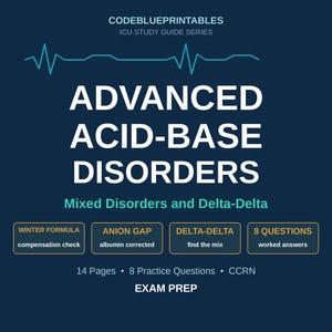 Op de afbeelding: Een donkerblauwe educatieve studiegids getiteld ADVANCED ACID-BASE DISORDERS. Het bevat een talingkleurige ECG-lijn, tekst over gemengde stoornissen en vier vakken met details over Winter Formula, Anion Gap, Delta-Delta en 8 vragen met antwoorden.