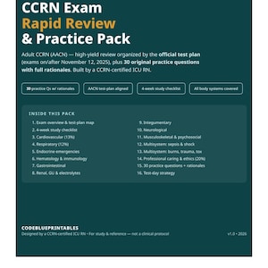 May include: A dark teal informational document titled CCRN Exam Rapid Review & Practice Pack. It lists 16 study topics including cardiovascular, respiratory, and neurological systems, plus a 4-week study checklist and 30 practice questions with rationales.