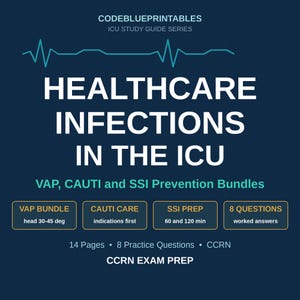 Può includere: Una guida di studio educativa blu scuro intitolata Healthcare Infections in the ICU, che presenta pacchetti di prevenzione VAP, CAUTI e SSI. Include 14 pagine, 8 domande pratiche con risposte dettagliate e informazioni per la preparazione CCRN.