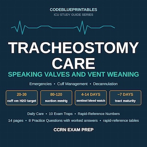 May include: A dark blue educational study guide titled Tracheostomy Care: Speaking Valves and Vent Weaning. It includes sections on emergencies, cuff management, decannulation, and clinical reference data like suction mmHg and cuff cm H2O targets.