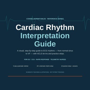 Peut inclure: Un guide d'interprétation du rythme cardiaque bleu foncé avec du texte blanc. Il comprend une méthode systématique en 5 étapes, plus de 20 bandes de rythme schématiques et 10 bandes d'entraînement avec réponses pour les infirmiers.
