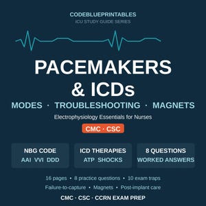 May include: A dark blue educational study guide titled PACEMAKERS & ICDs with a teal EKG line graphic. Text includes MODES, TROUBLESHOOTING, MAGNETS, Electrophysiology Essentials for Nurses, NBG CODE, ICD THERAPIES, 8 QUESTIONS, and exam prep details.