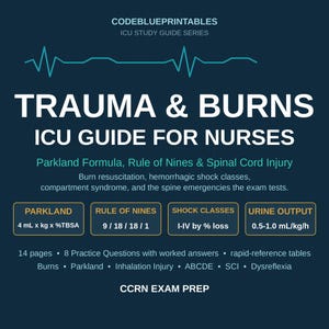 May include: A dark blue ICU study guide for nurses titled Trauma & Burns. It features a teal EKG line, white text, and four gold-bordered boxes detailing Parkland formula, Rule of Nines, shock classes, and urine output. Includes 14 pages of content.