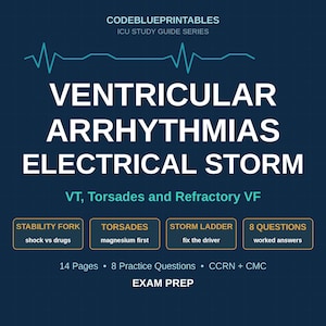 May include: A dark blue educational study guide titled Ventricular Arrhythmias Electrical Storm, featuring a teal EKG line graphic. It includes sections on Stability Fork, Torsades, Storm Ladder, and 8 Questions, totalling 14 pages for CCRN and CMC exam prep.