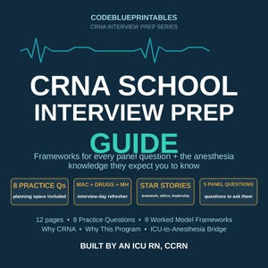 Op de afbeelding: Een donkerblauwe digitale gids getiteld CRNA SCHOOL INTERVIEW PREP GUIDE door CODEBLUEPRINTABLES. Het bevat een groenblauwe EKG-lijn en tekst met 8 oefenvragen, MAC, medicijnen, MH, star stories en 5 panelvragen verdeeld over 12 pagina's.