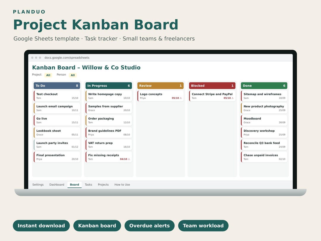 Project Management Template Google Sheets | Kanban Board, Task Tracker ...