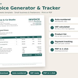 Invoice Template Google Sheets | Invoice Generator and Tracker, Auto Numbering, VAT, Payment Tracker | Small Business & Freelancer