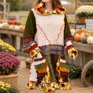 Zonnebloem hoodie jurk, plus size damesjurk, handgemaakte patchwork trui, tuniek, gerecyclede gebreide boho kleding, ambachtelijke, duurzame draagbare kunst