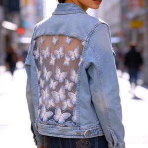 Butterfly Lace Denim Jacket S-XL Custom Embroidery Mesh Jean Outerwear Boho Festival Style