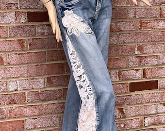 Custom Wide Leg Denim Jeans: Boho Lace Panel Personalized Women