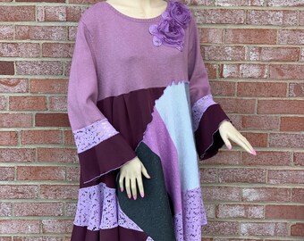 TN216 Oversize Funky Boho V Neck Longsleeve Hearther Black Viscose Sweat Tunic Sweater Dress Lagenlook Top With Scarf Slouch Dress Tunic