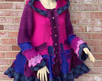 Patchwork Sustainable Fashion Upcycled Sweater Coat Size Large Purple Sweater Merino and Lambswool Sweater Katwise Inspired