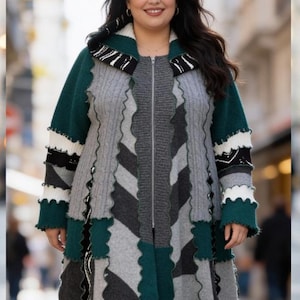 Plus Size Italian Wool Maxi Coat Upcycled Boho Patchwork Cardigan